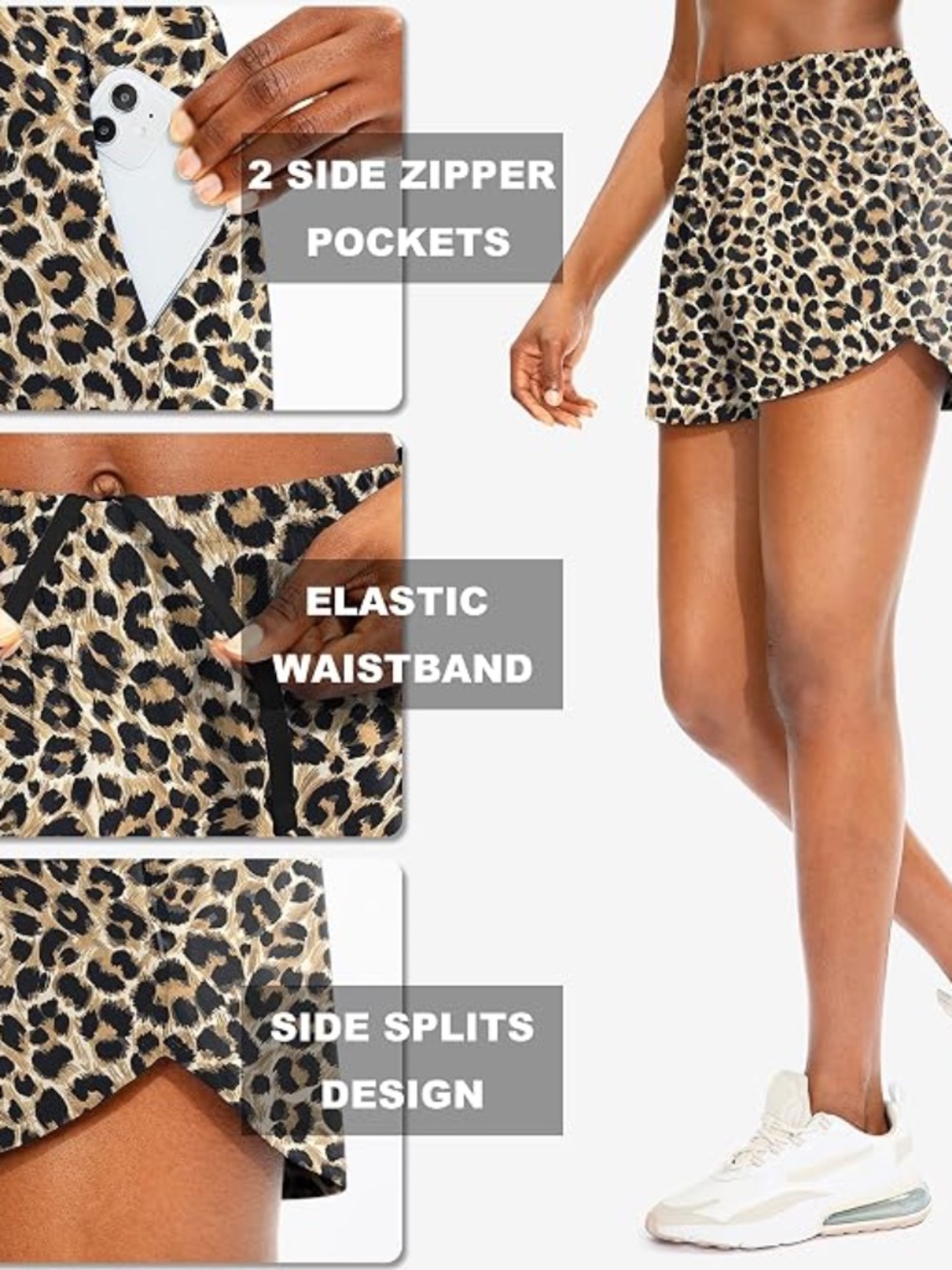 SANTINY Women's Athletic Running Shorts 3" High Waist Lined Leopard Medium